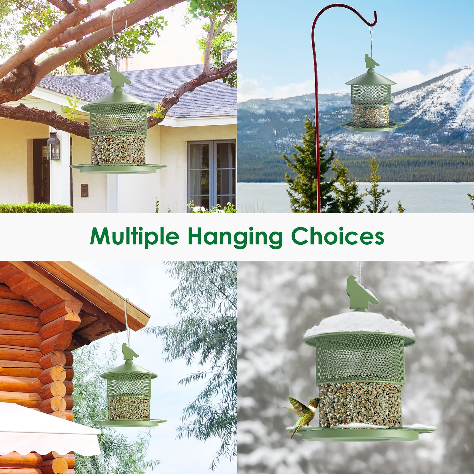 Digipettor Metal Wild Bird Feeder for Outside, Squirrel Proof Bird Feeders, Retractable 4LB Capacity Large Seed Birdfeeder for Outdoors Hanging Garden Yard, Green