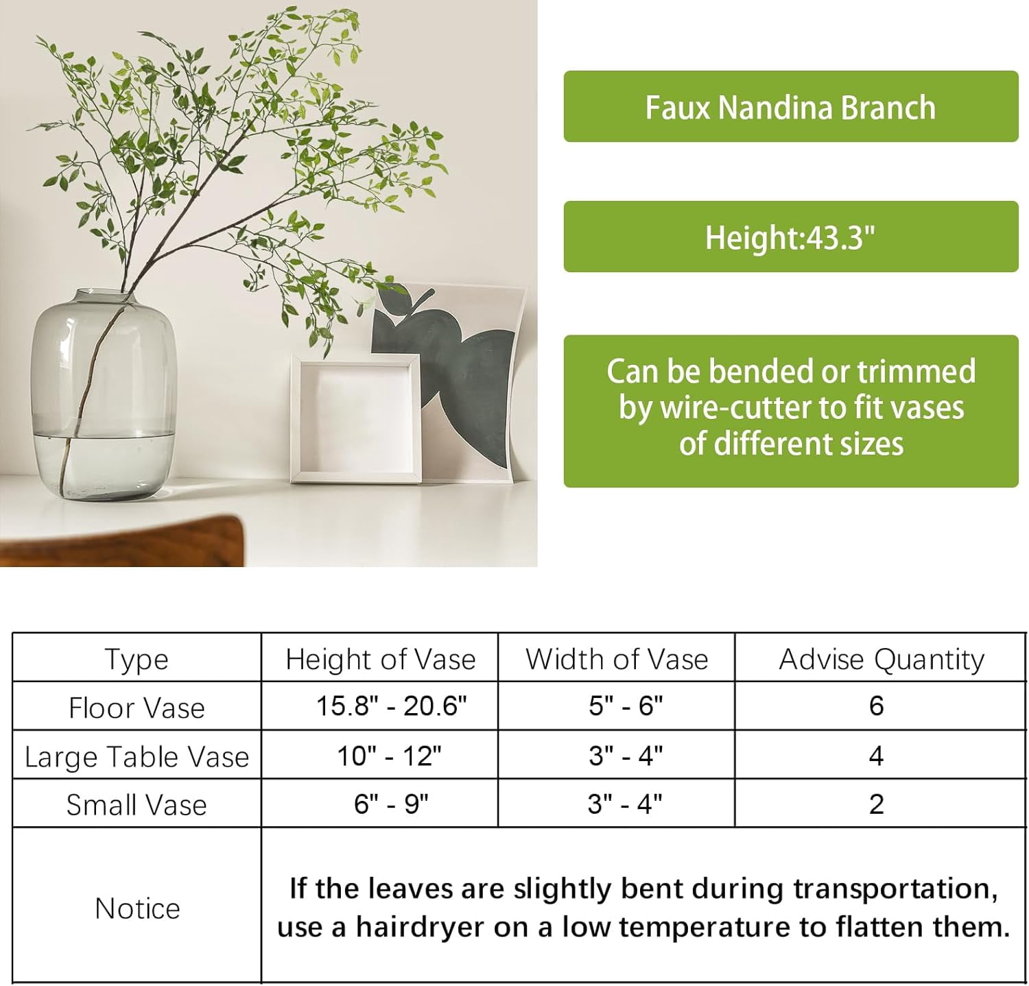Artificial Plants 2PCS 43.3 Inch Green Nandina Tall Plants for Wedding Shop Garden Office Home Décor Greenery Stems Fake Branches for Vase Indoor