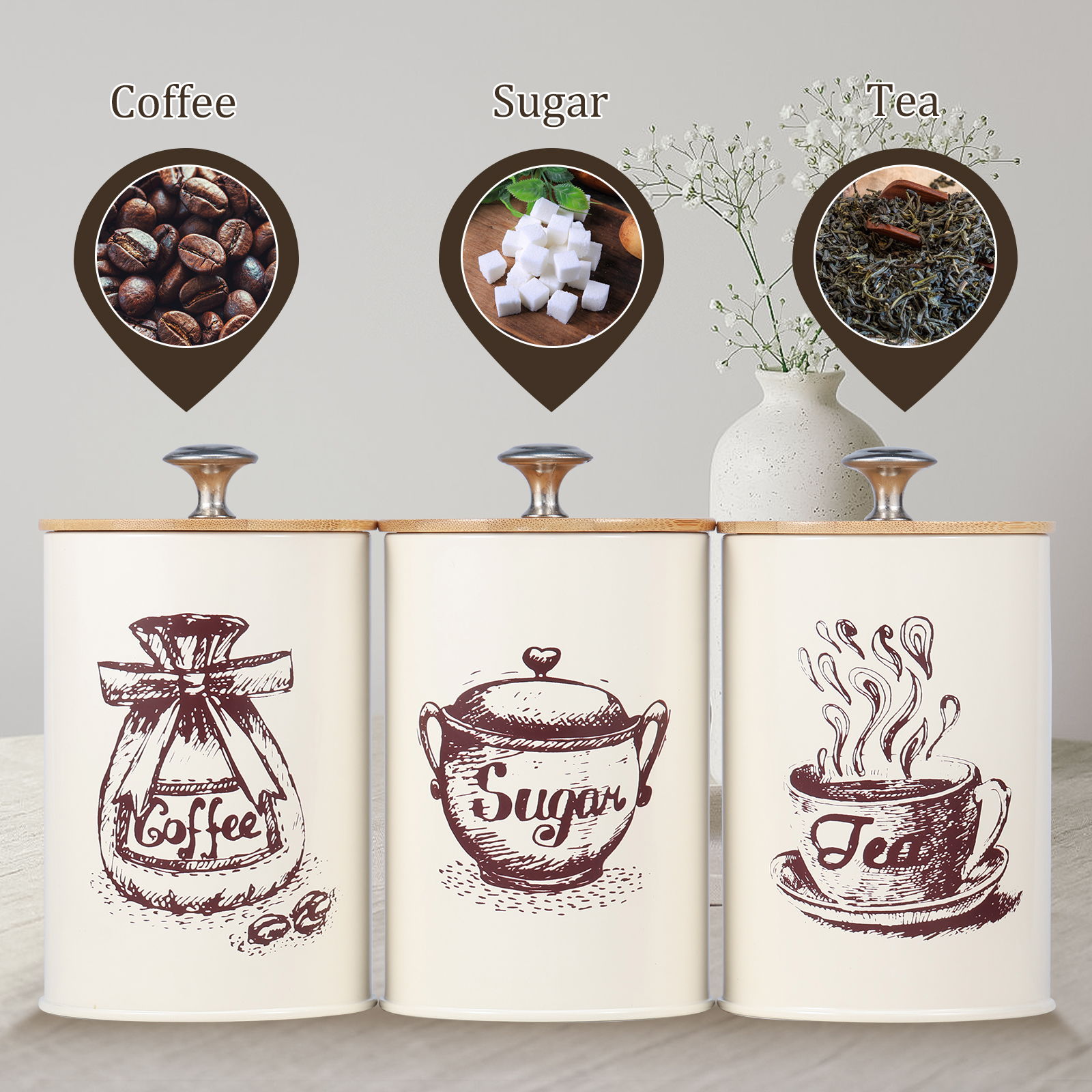 Fkszll 3Pcs Food Storage Canister Set, Airtight Vintage Coffee Sugar Canisters Set, Coffee Sugar Tea Storage Container Jar with Wooden Lid for Kitchen, 25 oz