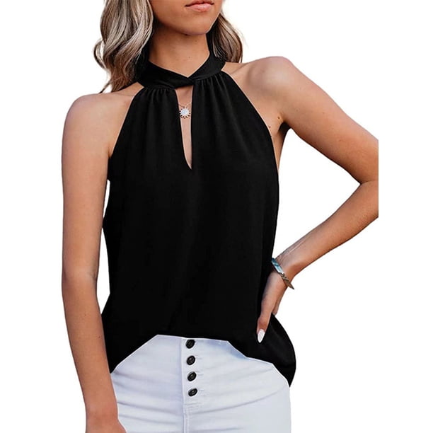 VISgogo Mujeres Halter Tops, Adultos Summer Loose Tie-up Color sólido Tank Tops (Blanco, Negro, Azul, Albaricoque Claro, Rosa Roja) VISgogo moda