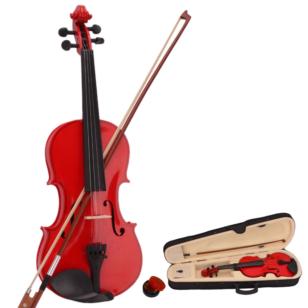 4/4 Full Size Basswood Acoustic Violin Starter Kit with Hard Case Bow Rosin Fiddle Outfit Classical Strings Tuner Shoulder Rest for Beginners and Students Pink Violin Set 