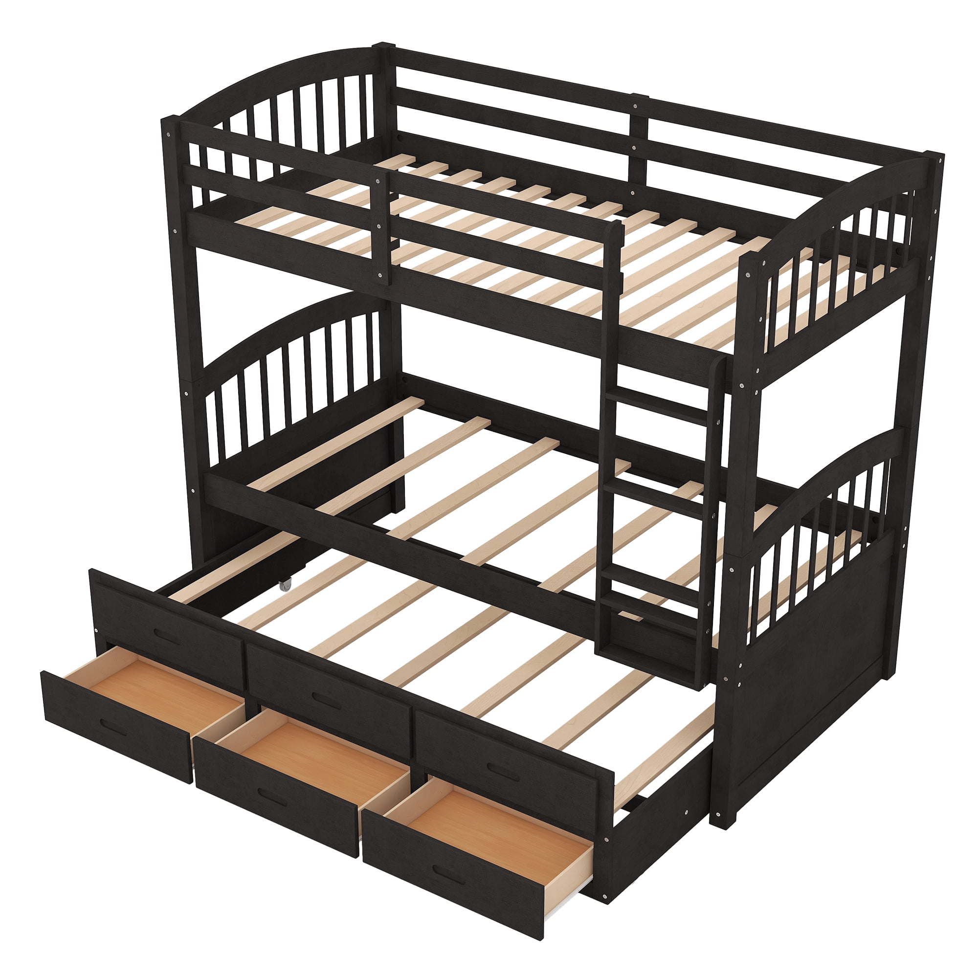 Euroco Twin Over Twin Wood Bunk Bed with Trundle and Drawers for Bedroom for Kids Teens, Dark Brown