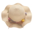 thumbnail image 1 of Sombrero de paja con borde ondulado para niñas, de verano, con circunferencia de la cabeza de 50 a 54 cm, sombrero protector solar, sombrero para el sol, sombrero de playa con lazo y bola de pelo y, 1 of 5
