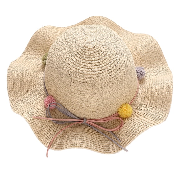 50-54cm head circumference summer girls wave edge straw hat sunscreen hat sun hat bow hairball beach hat with windproof rope - Beige