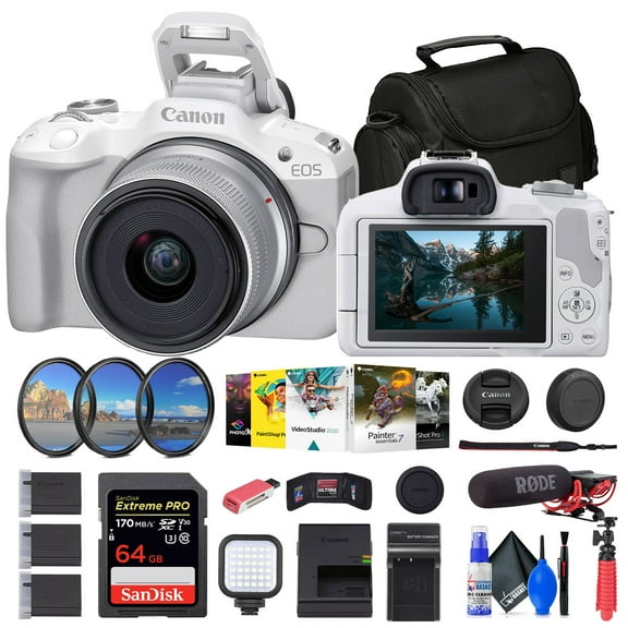 Canon EOS R50 Mirrorless Camera with 18-45mm Lens (White) (5812C012)   Rode VideoMic   64GB Card   Filter Kit   Corel Software   Bag   2 x LPE17 Battery   Card Reader   More (International Version)