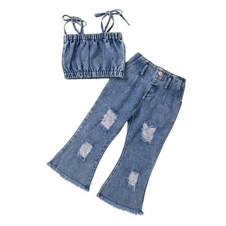 

JYYYBF Toddler Kid Girl Denim Outfits Sleeveless Tanks Tops Bell-Bottom Pants 2Pcs Summer Clothes Set Blue 4-5 Years