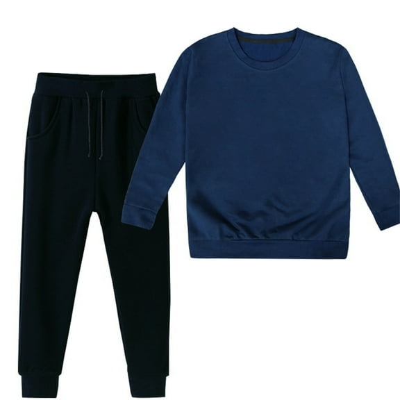 LIJCC Teen Boy Girl Organic Cotton Clothes Winter Solid Color Long Sleeve Pullover Sweatshirt Pants 2Pcs Fall Outfits Set Crewneck Sweatshirt and Sweatpant Set (7-8 Years, BU2)