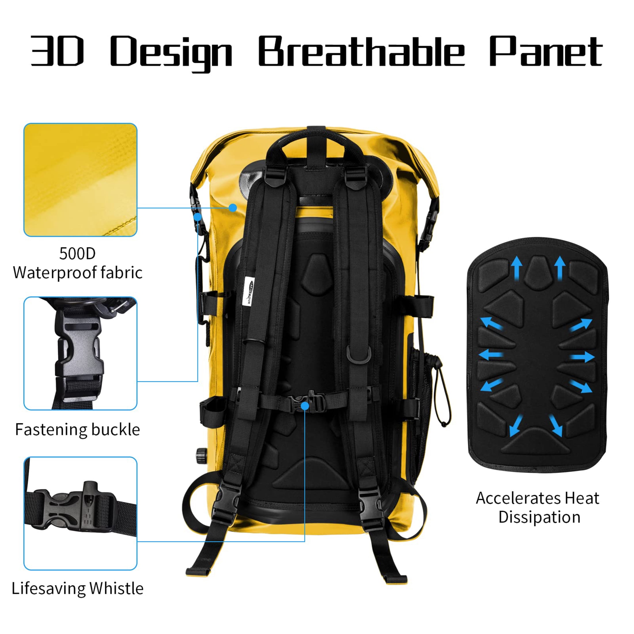 AFISHTOUR Dry Bag Waterproof Backpack, 35L Heavy Duty Roll Top Floating Dry Backpack for Kayaking, Hiking, Camping, Travel (Yellow)