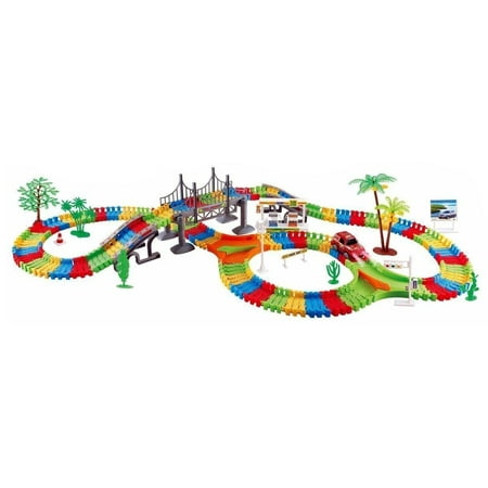 - City Bridge Big Deluxe 257 Pcs Flexible Toy Track Playset w/ Battery Operated Toy Car, Accessories, Endless Fun & Combinations