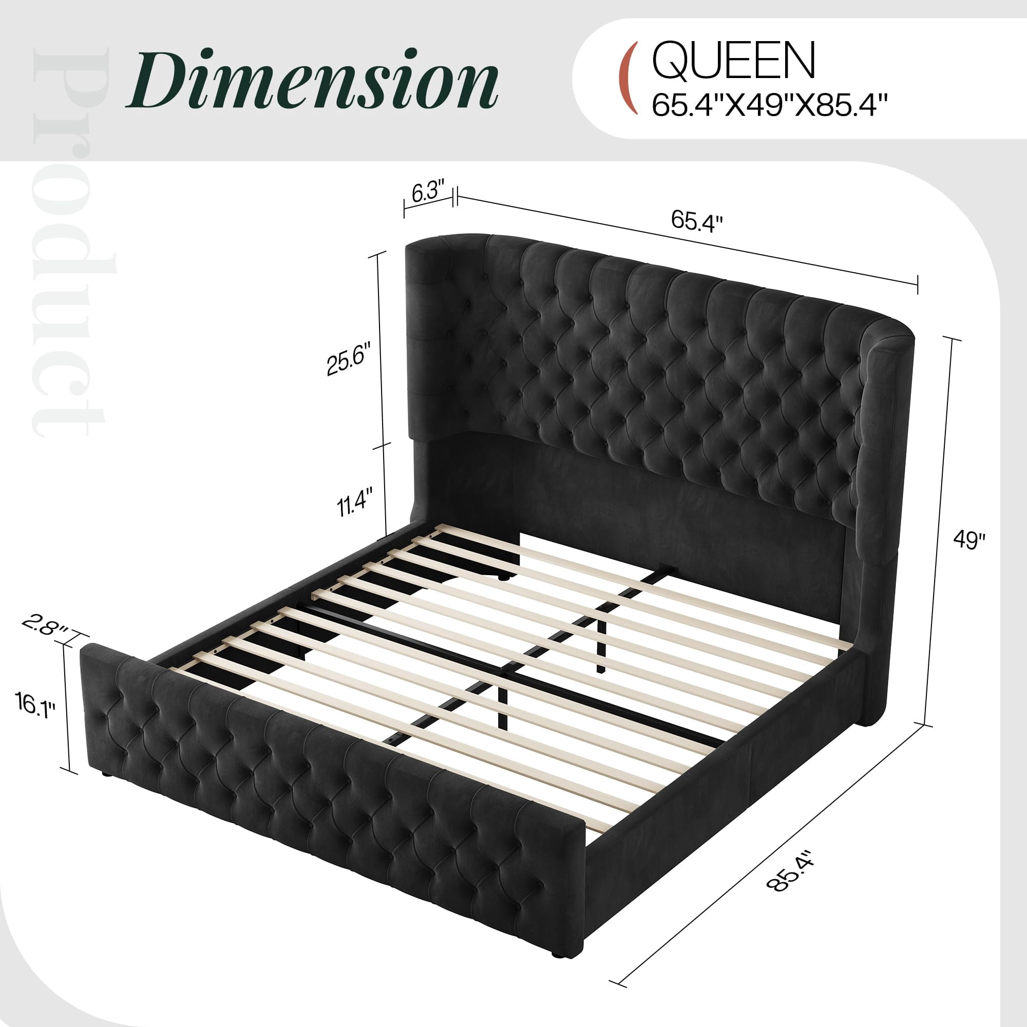 Amerlife Queen Bed Frame with 49” Upholstered Wingback Headboard, Noise-Free Platform Bed with Steel Frame and Slip-Resistant Edges, Black