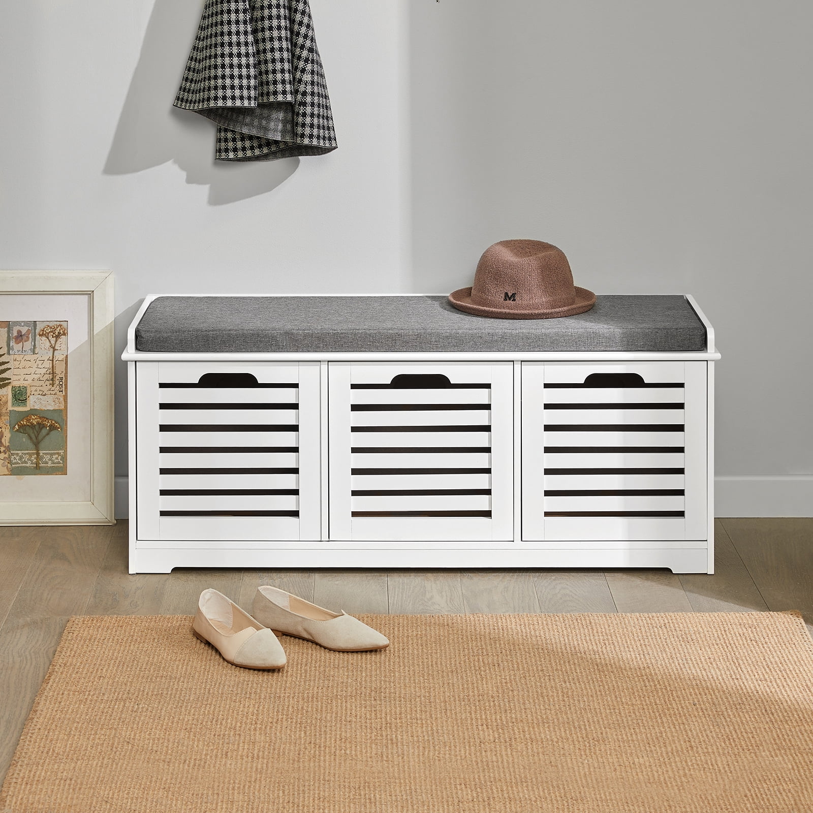 Haotian FSR23W, White Storage Bench with 3 Drawers & Padded Seat