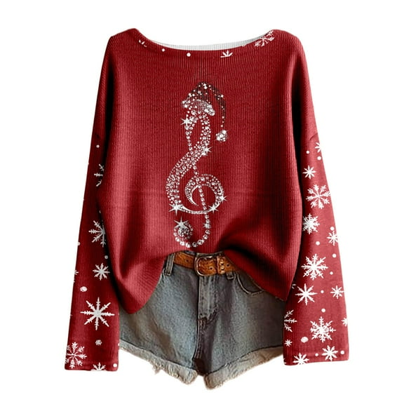 Fiaer Womens Christmas T Shirts Oversized Crew Neck Retro Tshirts Long Sleeve Snowflakes Musical Notes Santa Hat Graphic Loose Fit Tops Red XL