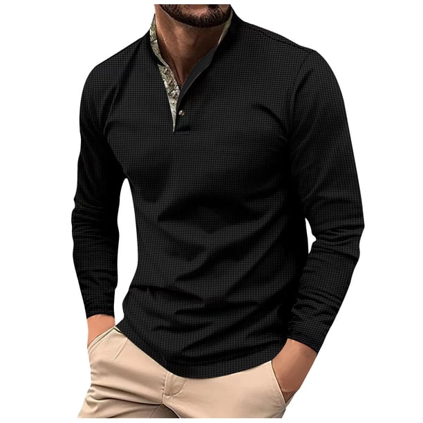 Blusas y camisas de manga larga con cuello redondo para hombre, blusa holgada de color liso con botones y cuello redondo, blusa de manga larga con cuello redondo para hombre