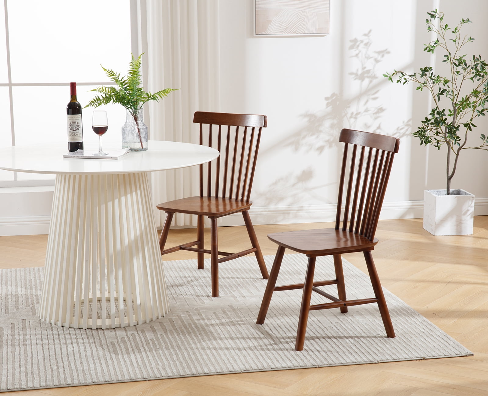 Dayalane Farmhouse Windsor Dining Chairs Set of 2, Solid Wood Spindle Back Dining Side Chairs, Mid-Century French Country Oak Kitchen Chairs for Dining Room Living Room Kitchen Restaurant, Walnut