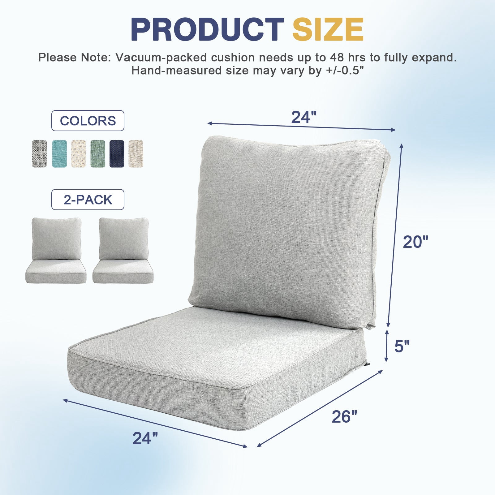 Aoodor 24 x 26 Inch Outdoor Seat Cushion Set of 2, Water-Resistant & Fade Resistant Deep Seat and Back Cushion with Removable Cover for Patio Furniture Chair, Sofa and Couch, Light Gray