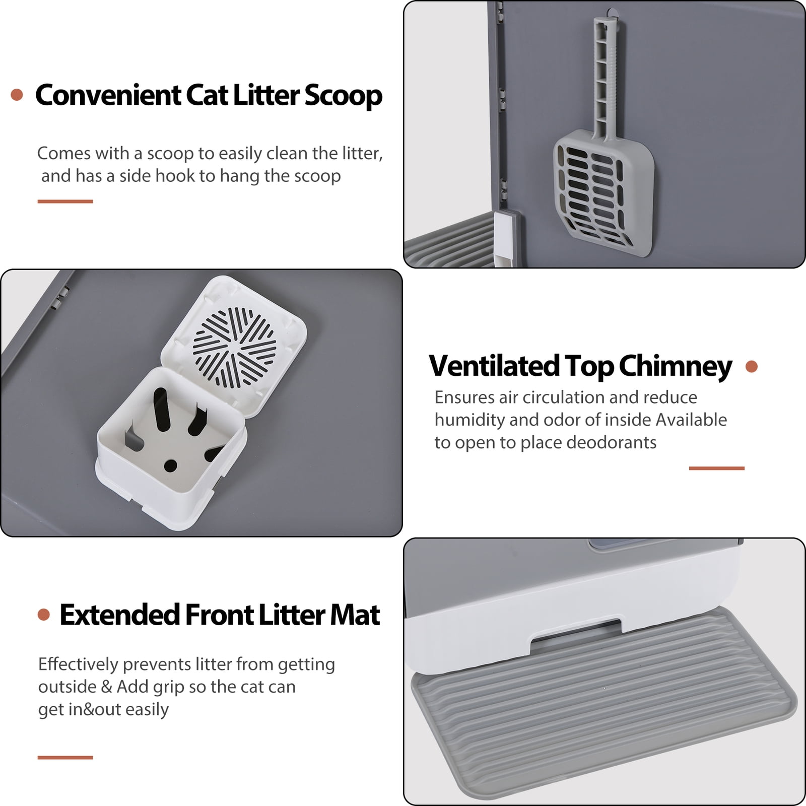 Enclosed Cat Litter Box with Litter Scoop and Slide-Out Tray Anti-Leakage Grey