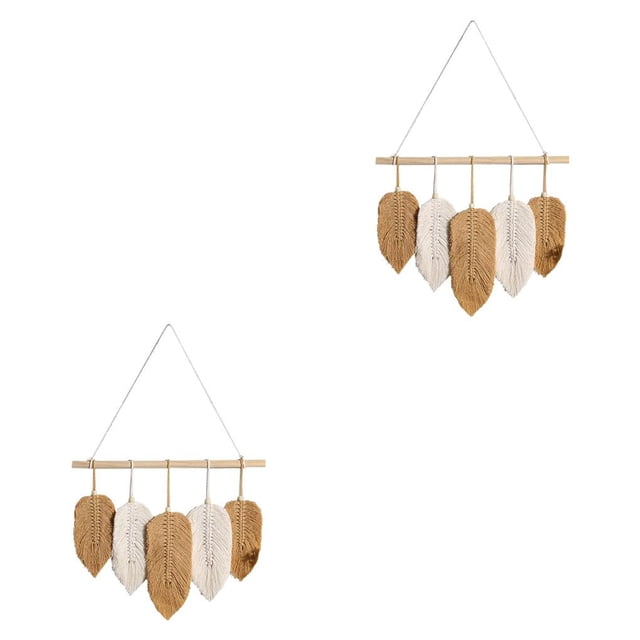 Cateissary Leaf Boho Tapestry Handmade Knitting Tassels Hanging Wall Macrame Decor Room beige y amarillo 2piezas