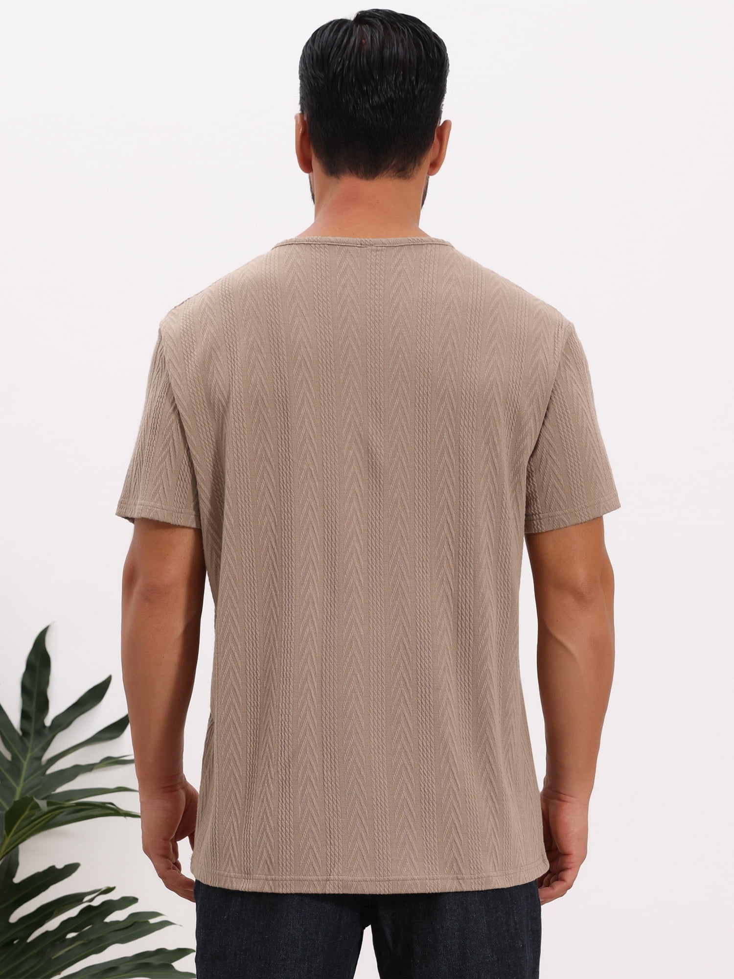 DARING DIVA Men's Henley Short Sleeve Button Down Jacquard Knitted T-Shirt L Khaki