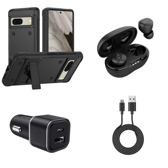 Accessories Bundle for Google Pixel 7a - Impact Resistant Kickstand Armor Case (Black), Wireless Earbuds, 30W Dual (USB-C, USB-A) Car Charger, Type-C to USB Cable