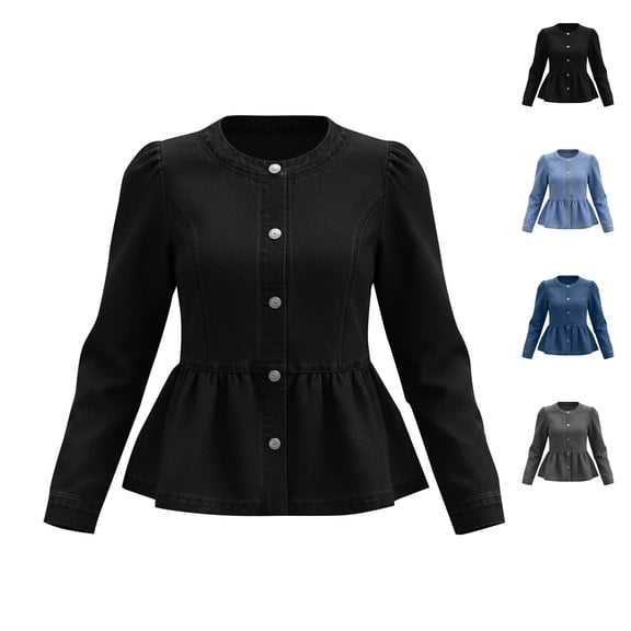 TGSLY Women's Peplum Denim Jacket Lightweight Button Down Long Sleeve Jean Coat Slim Dressy Casual Solid Color Fall Cardigan Outerwear M