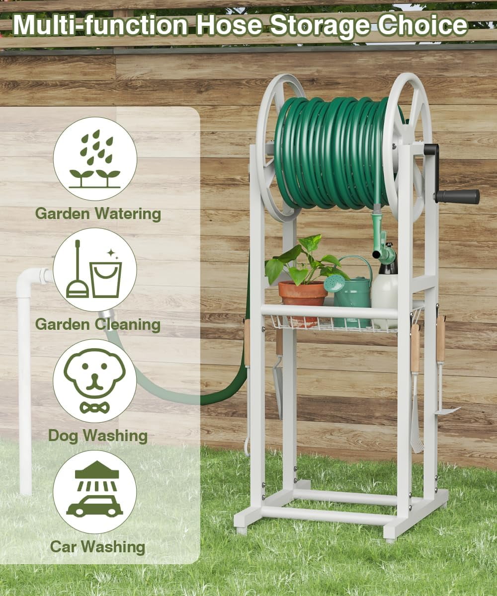 Freestanding Garden Hose Reel holds 125ft Hose of 5/8" with 4 Hooks, 4-Spike Outdoor Hose Holder with 3.9ft Leader Hose & Brass Fitting, Detachable Metal Hose Stand with Storage Rack, White