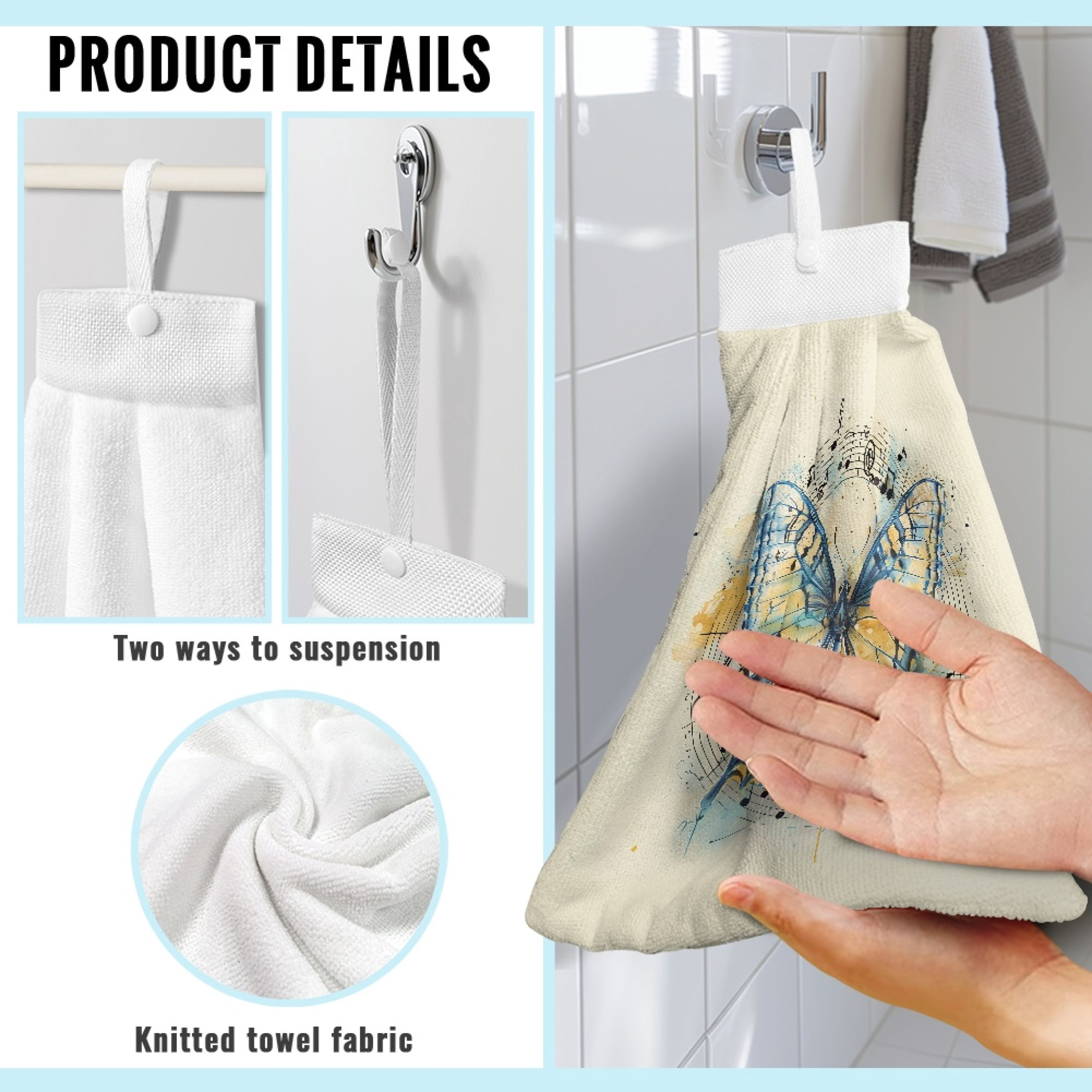 ZIATUBLE Butterfly Music Hand Drying Towels Absorbent Towels for Kitchen Cleaning Bathroom Hand Bath Towel Lightweight Hanging Kitchen Hand Towels Decorative Hand Tie Towel