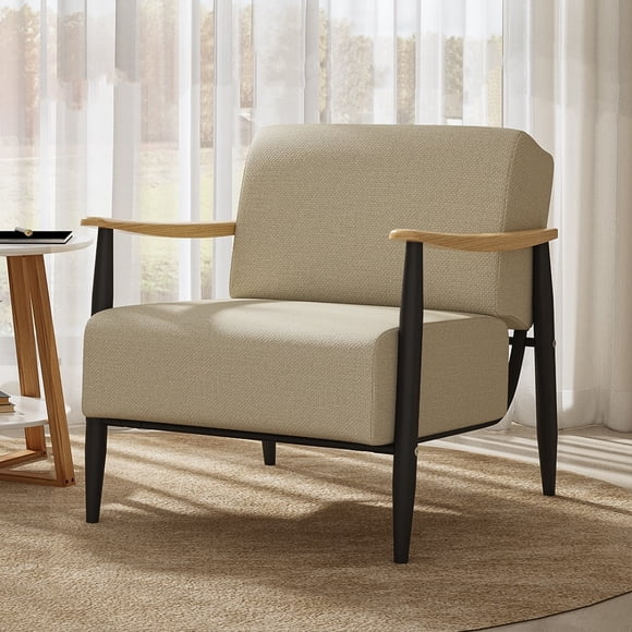 Sillón Individual Moderno, Color Beige + Madera Clara, Resortes de Nueva Tecnología, Homemake Furniture