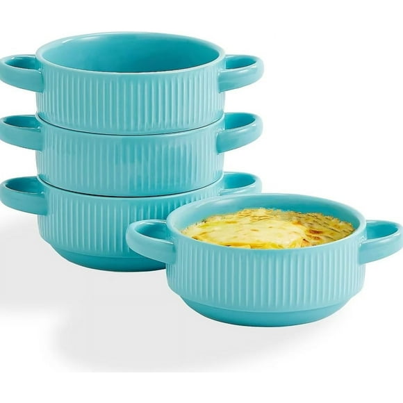 Ceramic Soup Bowls with Handles, 20oz French Onion Soup Bowls Set of 4, Soup Crocks for Soups, Beef Stew,Microwave and Oven safe - 5.4inch, White