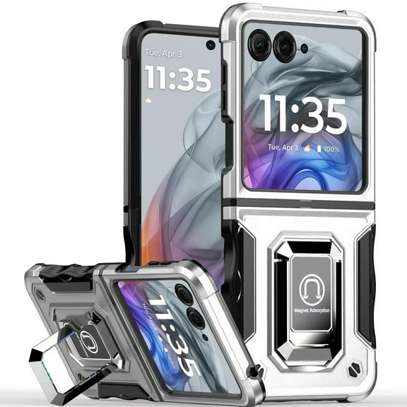 Military Grade Shockproof Hybrid Armor Case with Ring Grip for Motorola Razr 2025 / 2024 - Silver