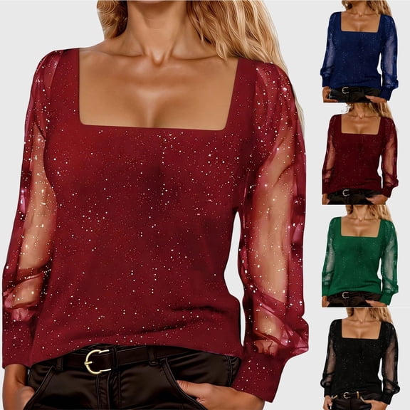 T Shirts for Women Fashion Spring Long Sleeve Square Neck Solid Color Top Summer Casual Loose Basic Tee