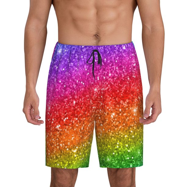 Balery Colorful Glitter Pantalones cortos de pijama de punto de algodón para hombre con cinturilla y bolsillos-Large