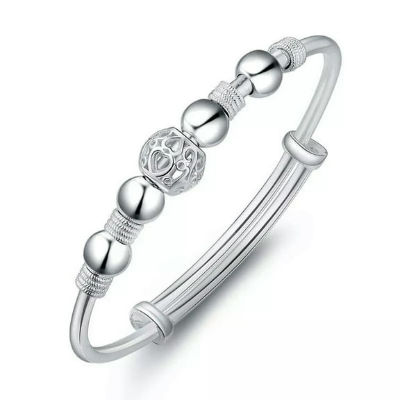 K-KED 925 Sterling Silver Round Ball Charms Cuff Bangle Bracelet Wedding Engagement-default