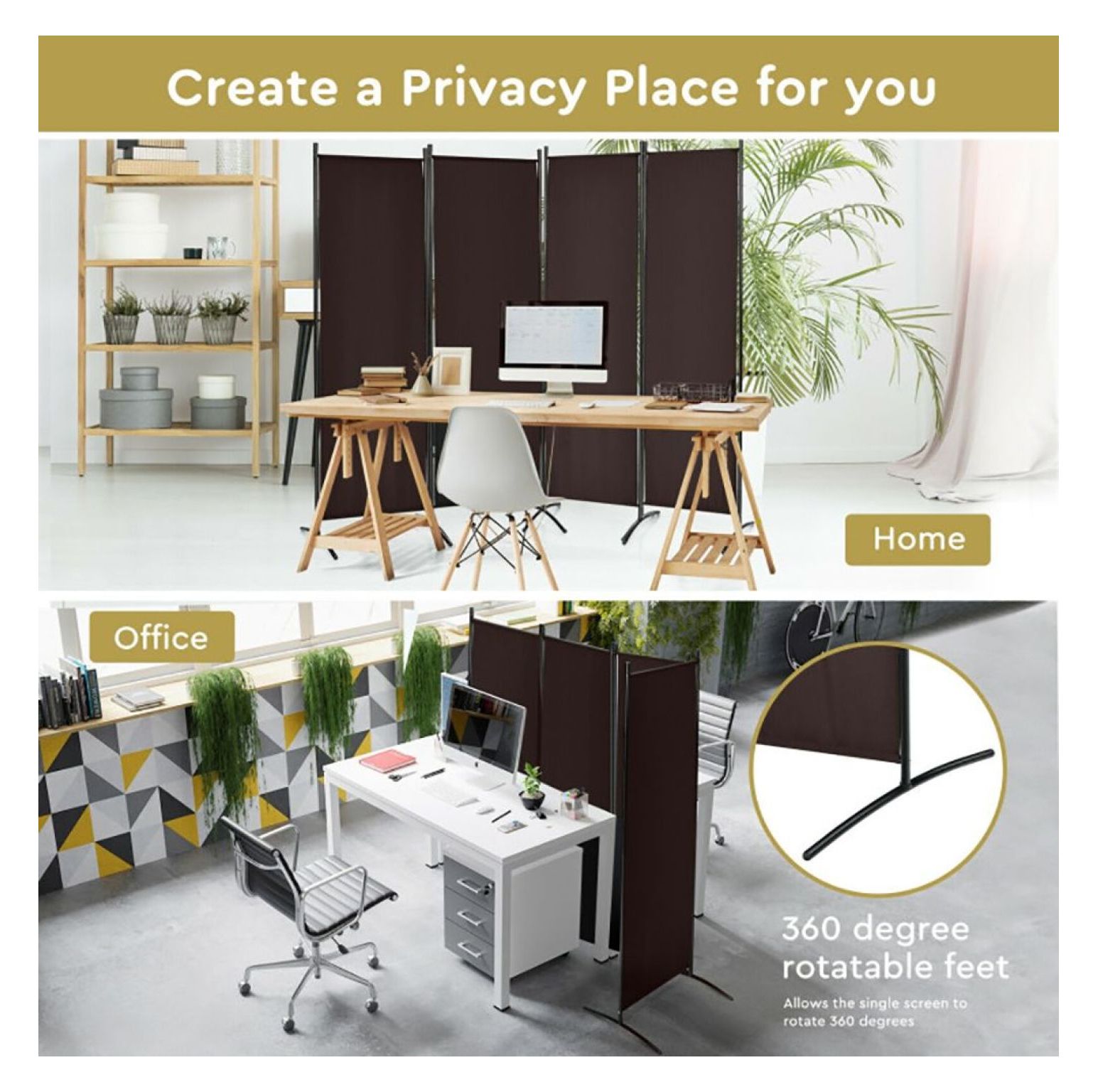 Yunken 4-Panel Room Divider with Sturdy Steel Frame, 5.6 Ft Tall Freestanding Partition Screen for Bedroom & Living Room