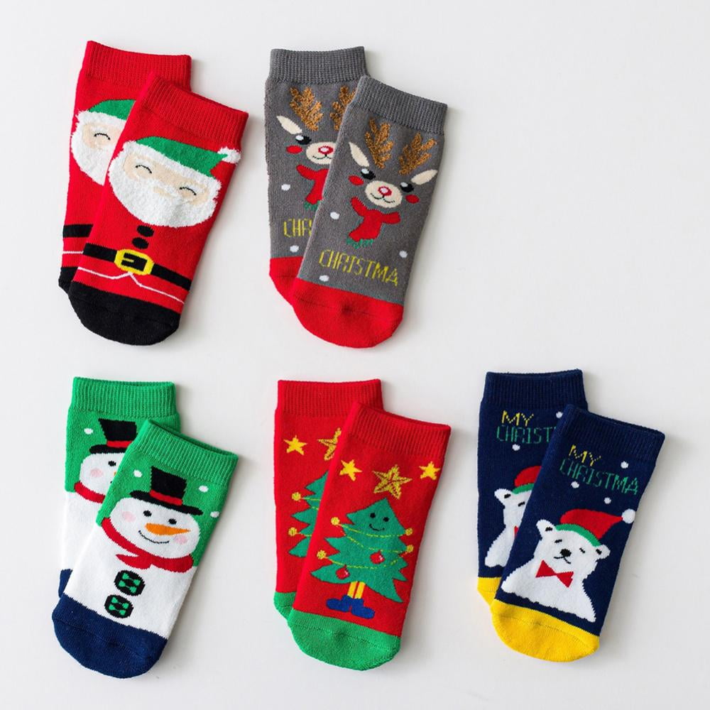 2-11 Years Kids Christmas Socks Boys Fun Santa Xmas Socks Girls Festive Cute Cartoon Socks Girls Socks Novelty Animal Cotton Socks 5 pairs