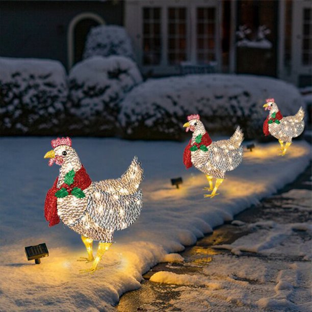 Pollo iluminado acrílico con bufanda, adornos navideños de pollo para Patio, jardín