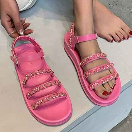 

uikmnh Women Shoes Spring Summer Fashion Women Chain Sandals Casual Flat Open Toe Beach Shoes Pink 8