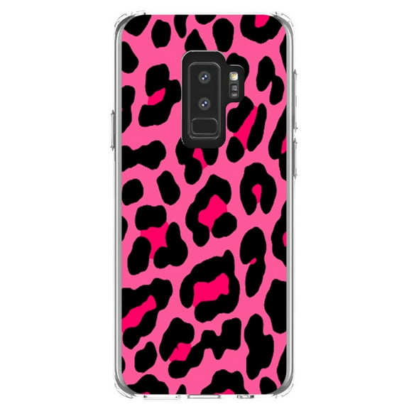 DistinctInk Clear Shockproof Hybrid Case for Samsung Galaxy S9  PLUS (6.2" Screen) - TPU Bumper, Acrylic Back, Tempered Glass Screen Protector - Hot Pink Black Leopard Skin Spots