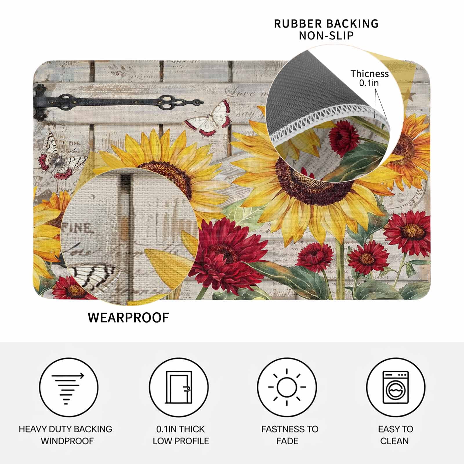 Red Yellow Sunflowers Doormat Outdoor Entrance 16"x24", Retro Rustic Barn Doors Butterfly Brown Absorb Moisture Dirt Door Mats, Non-Slip Rubber Backing Floor Mats Indoor, Low-Profile Front Door Rugs