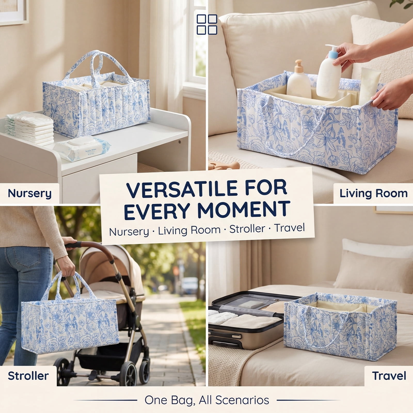 Baby Diaper Caddy Organizer, with Removable Divider Portable Stylish Nursery Storage Basket, Newborn Essentials, Newborn Caddie Car Travel，Blue