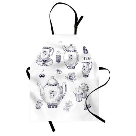 English Muffin Carbohydrates - Blue and White Apron Hand Drawn Teapots and Cups Muffins and Bags Vintage English Tradition, Unisex Kitchen Bib Apron with Adjustable Neck for Cooking Baking Gardening, Navy Blue White, by Ambesonne