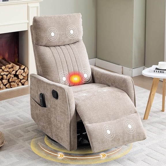 Ywen Manual Swivel Rocker Recliner Chair for Adults, Overstuffed Glider Chair for Nursery with Massage and Heat, Living Room Reclining Chair, Fabric Khaqi