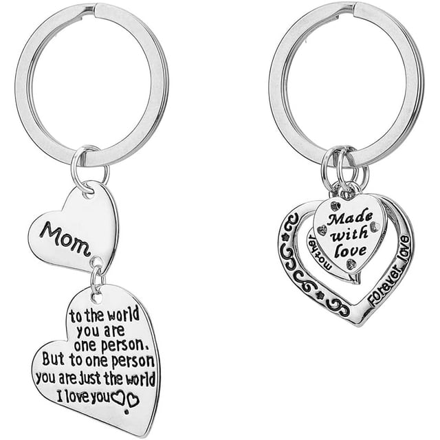 2 llaveros de aleación con forma de corazón para el Día de la Madre, de dos estilos, con etiquetas de amor plateadas y colgantes en forma de corazón, para mamá, hijo e hija.