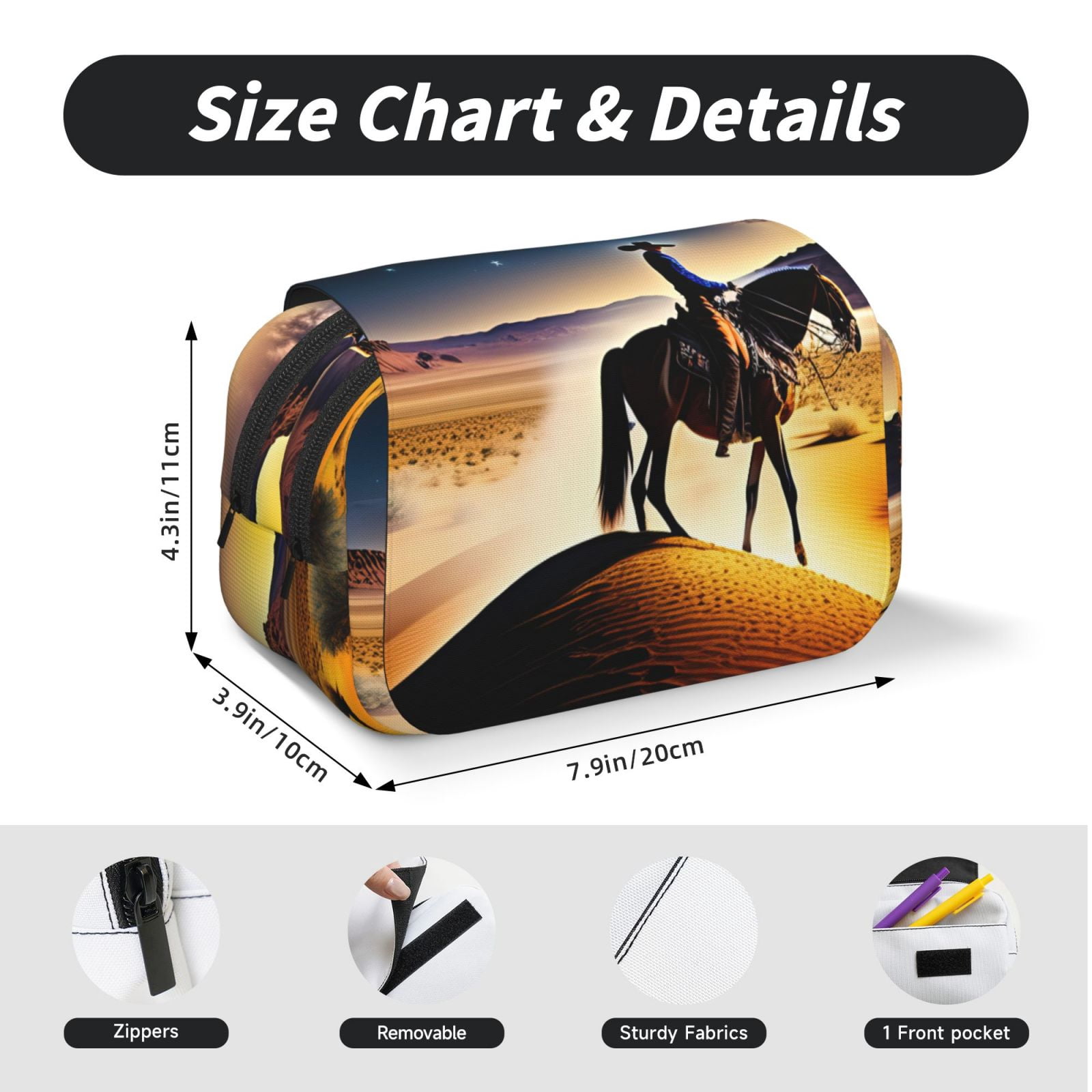 Rateoe Azure Sky Western Desert Cowboy Pattern Double Clamshell Pen Case, Storage Organizer with Two Zipper Compartments– Holds Up to 50 Pencils & Pens