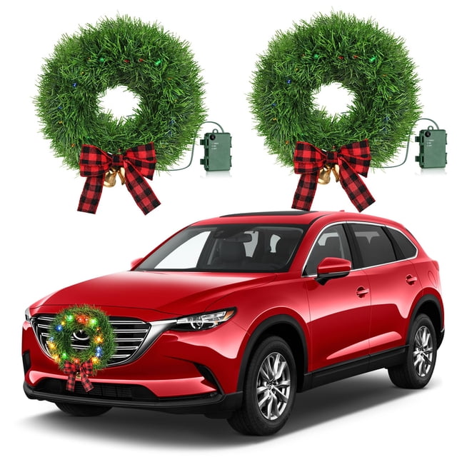 Corona de Navidad para coche con LED, diseño de Ovsor, decoración de coche, 2 unidades
