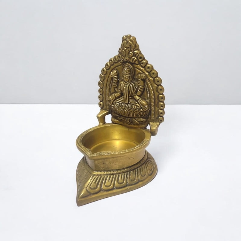 Brass Maa Lakshmi (Laxmi) Ji One Wick Oil Lamp Temple Décor Handcrafted Metal Diya For Diwali Gift-4.3 Inch