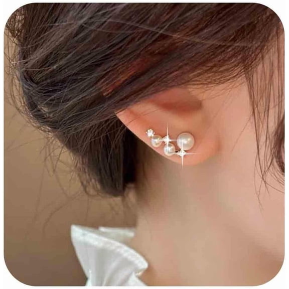 Vintage Crystal Pearl Ear Climber Earrings Gold Cz Pearl Crawler Earring Rhinestone Stud Earring Cz Cluster Earrings Jewelry for Women