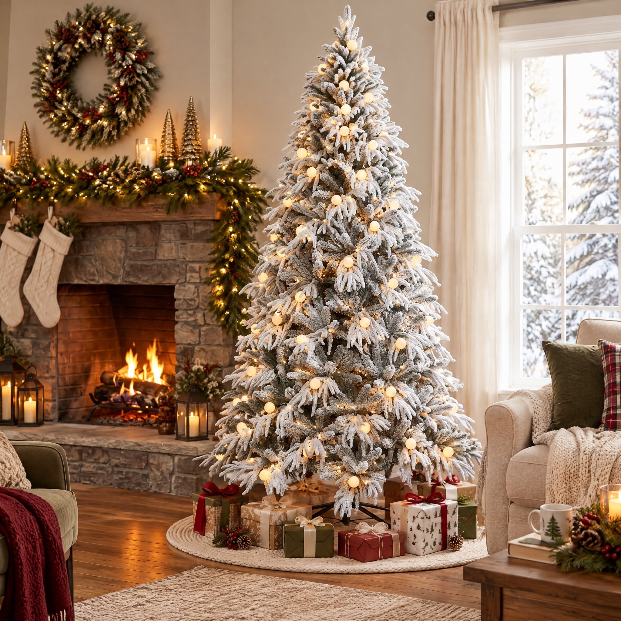7.5' Pre-Lit Aurora Full Snow-Flocked Green Artificial Christmas Tree with 600 Warm White LED Lights and Stand, by Holiday Time