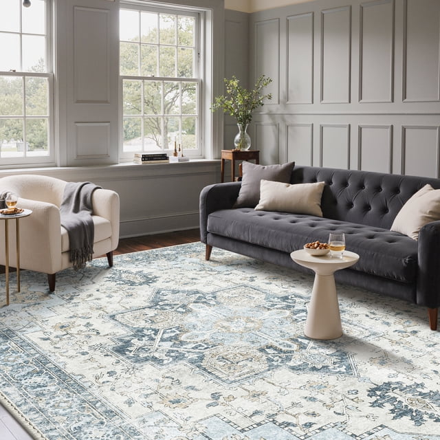 KUETH 6'x9' Area Rugs for Living Room, Ultra Thin Indoor Machine Washable Blue Rugs for Bedroom Dining Room