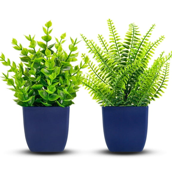 2 Pack Fake Plants Small Artificial Plants in Blue Pots Indoor for Home Room Bathroom Living Room Decor