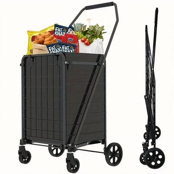 Extra Jumbo Shopping Cart, 2 Layers Grocery Cart on Wheels, Foldable Utility Shopping Carts with Double Basket and 360° Rolling Swivel Wheels for Groceries Laundry